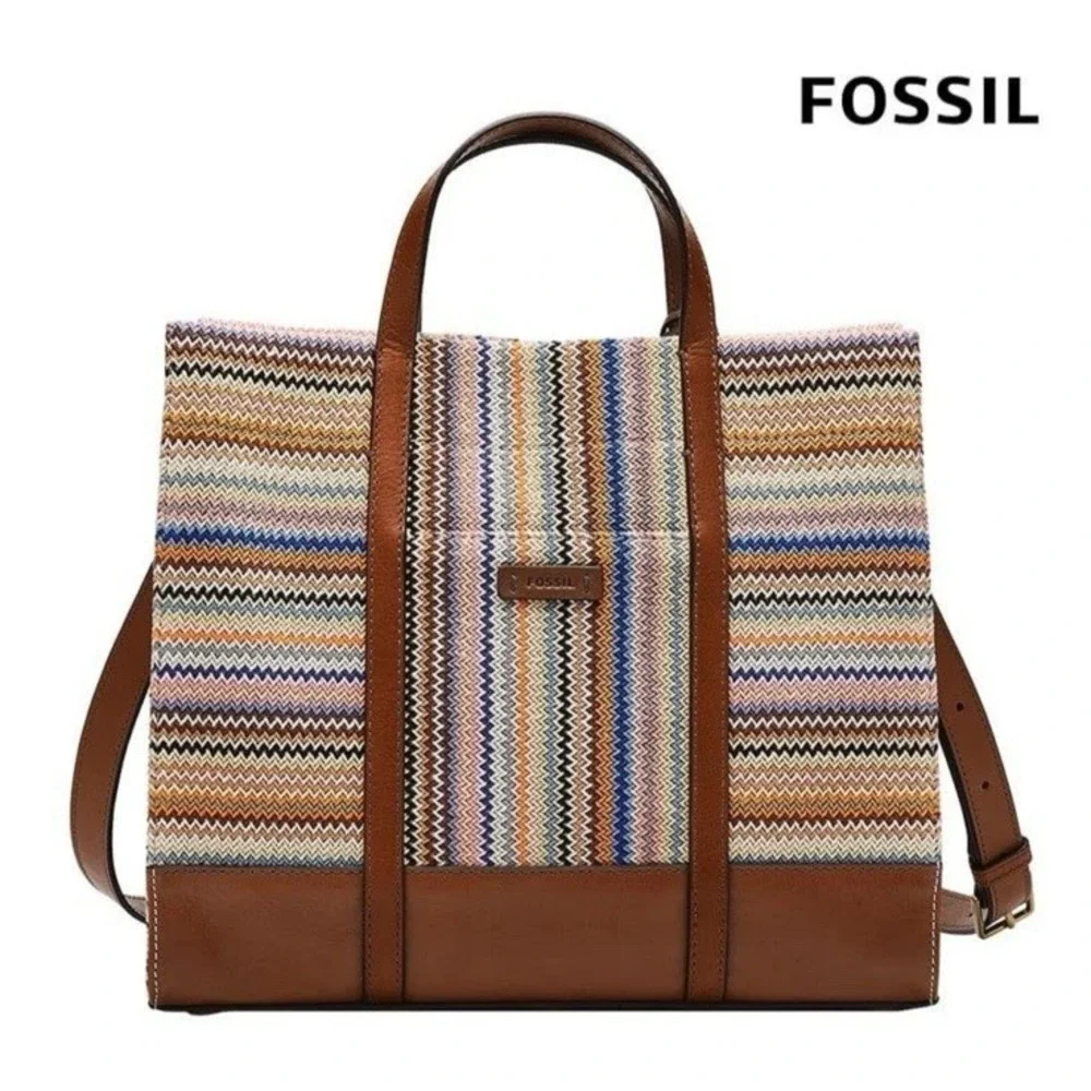 Fossil Carmen Tote Southwest Stripe Knit Leather Handles Boho Satchel Bag